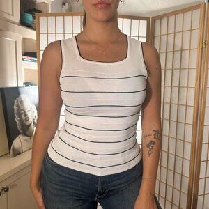 White Square Neck Sleeveless Top w/ Black Stripes